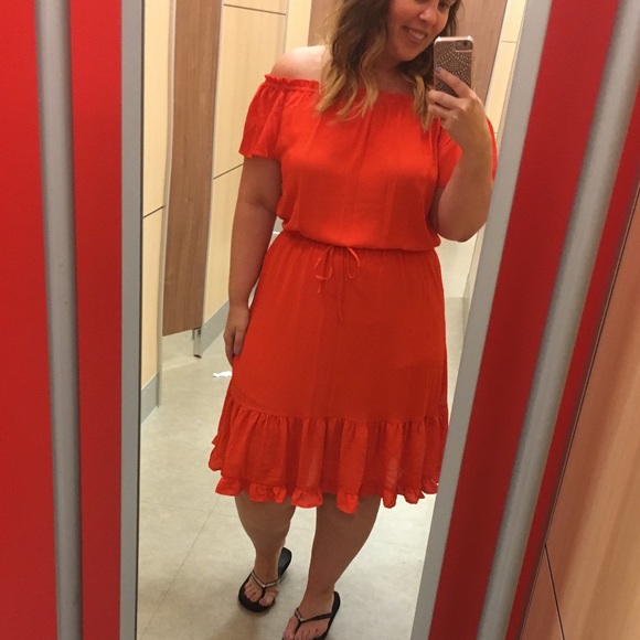 MOSSIMO Orange-Red Off Shoulder Tie Waist Midi - Picture 3 of 8